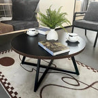 Table basse ronde noire et marron, piétement en X, 2 places