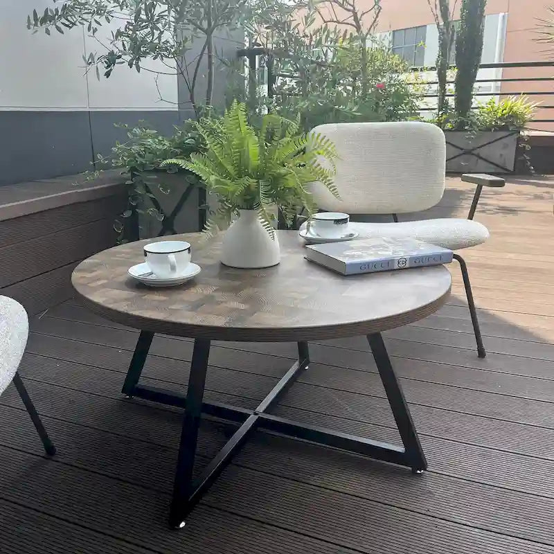 Table basse ronde noire et marron, piétement en X, 2 places