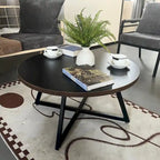 Table basse ronde noire et marron, piétement en X, 2 places