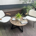 Table basse ronde noire et marron, piétement en X, 2 places