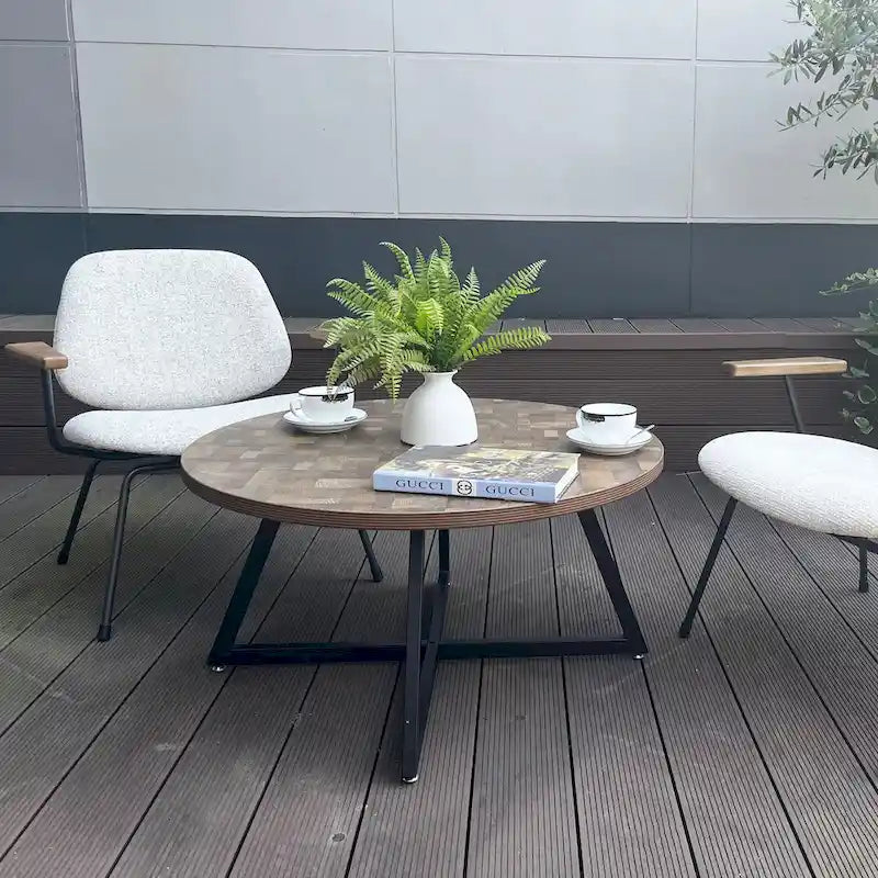 Table basse ronde noire et marron, piétement en X, 2 places