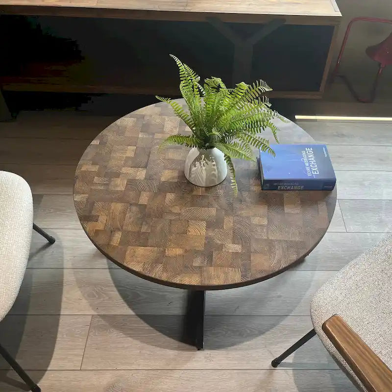 Table basse ronde noire et marron, piétement en X, 2 places