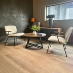 Table basse ronde noire et marron, piétement en X, 2 places
