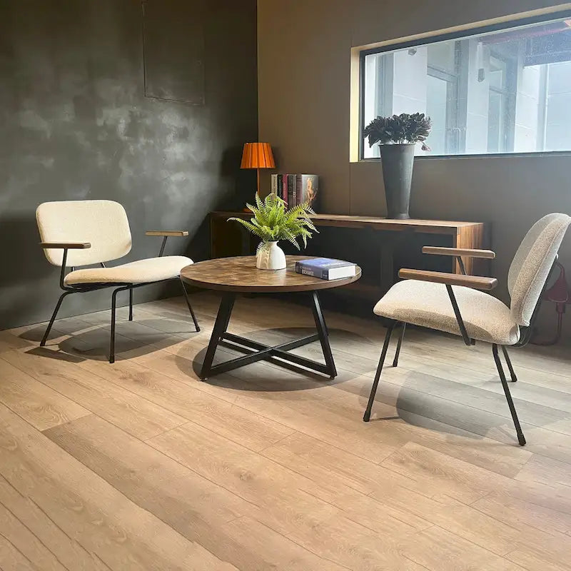 Table basse ronde noire et marron, piétement en X, 2 places
