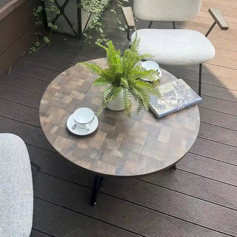 Table basse ronde noire et marron, piétement en X, 2 places
