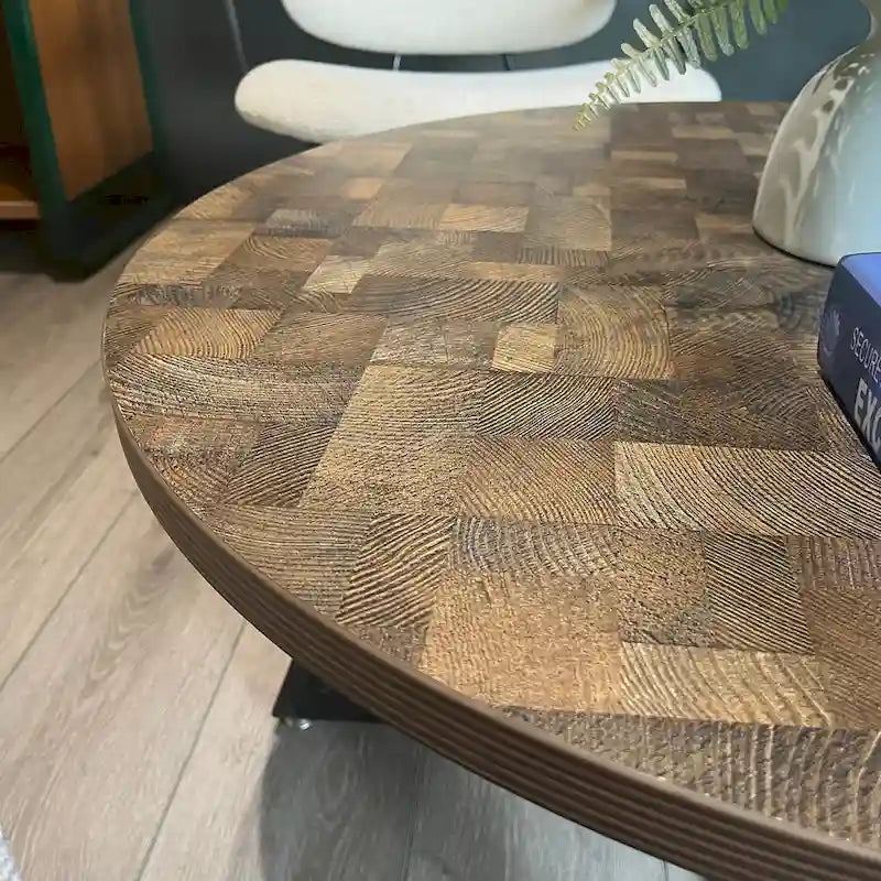 Table basse ronde noire et marron, piétement en X, 2 places