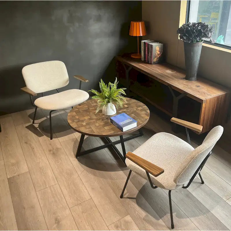 Table basse ronde noire et marron, piétement en X, 2 places