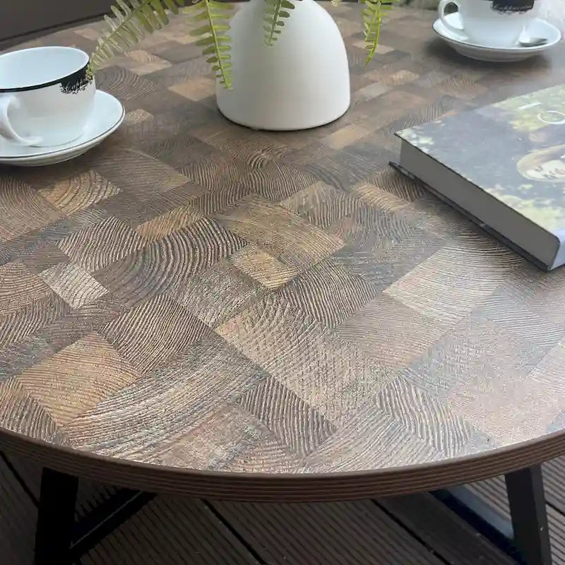 Table basse ronde noire et marron, piétement en X, 2 places