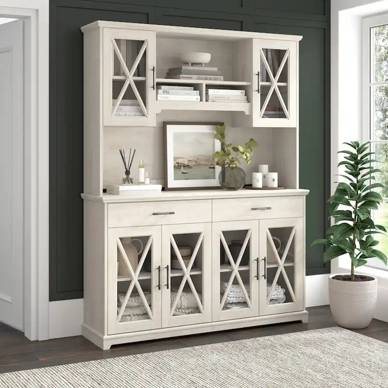 Buffet vaisselier de ferme 60W en chêne blanc lin avec surmeuble, 1 ensemble