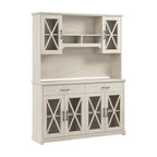 Buffet vaisselier de ferme 60W en chêne blanc lin avec surmeuble, 1 ensemble