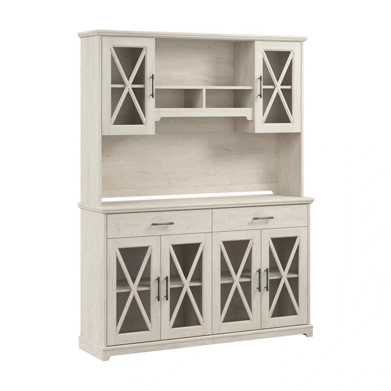 Buffet vaisselier de ferme 60W en chêne blanc lin avec surmeuble, 1 ensemble