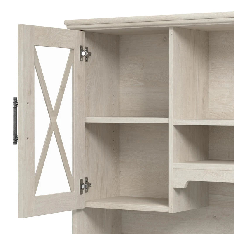 Buffet vaisselier de ferme 60W en chêne blanc lin avec surmeuble, 1 ensemble