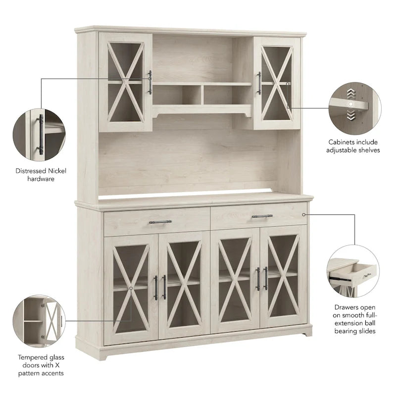 Buffet vaisselier de ferme 60W en chêne blanc lin avec surmeuble, 1 ensemble