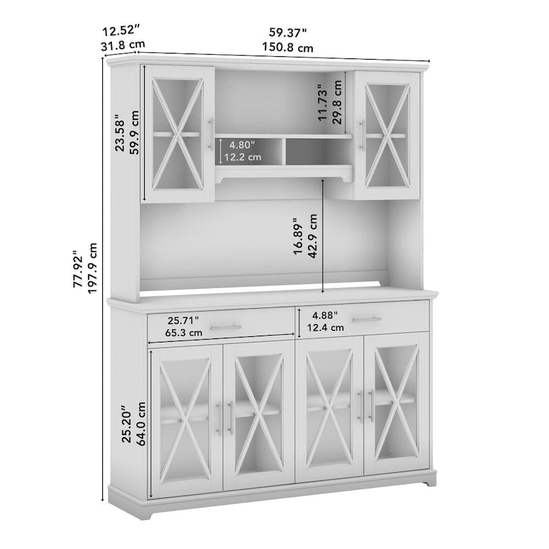 Buffet vaisselier de ferme 60W en chêne blanc lin avec surmeuble, 1 ensemble