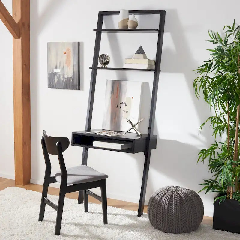 Bureau mural à 2 étagères – Noir / Brun miel / Naturel, Structure anthracite