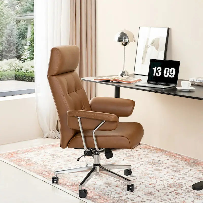 Chaise de bureau pivotante à dossier haut capitonnée couleur camel pour 1 personne