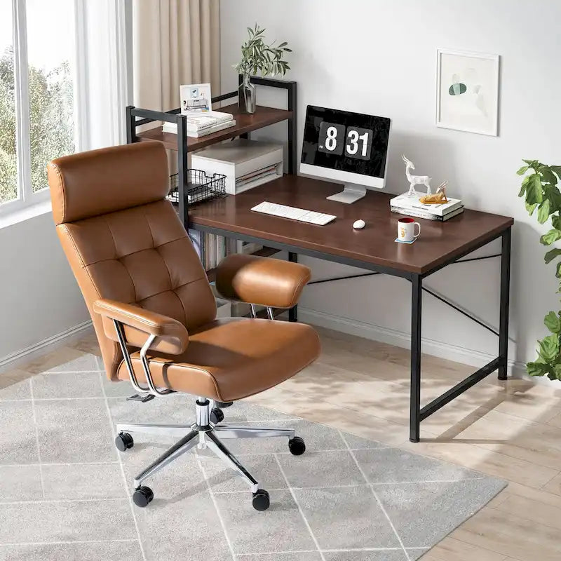 Chaise de bureau pivotante à dossier haut capitonnée couleur camel pour 1 personne