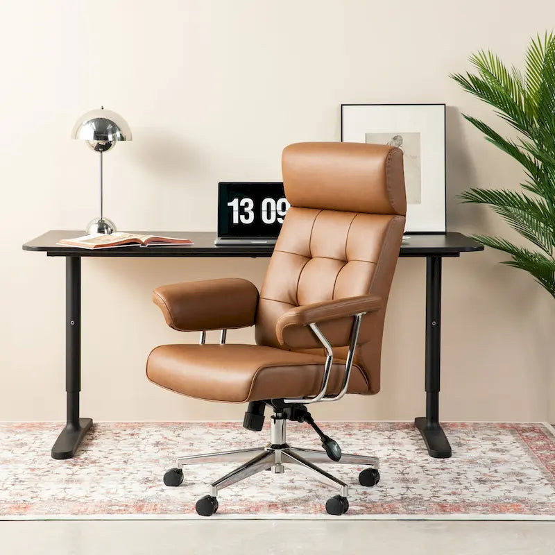 Chaise de bureau pivotante à dossier haut capitonnée couleur camel pour 1 personne