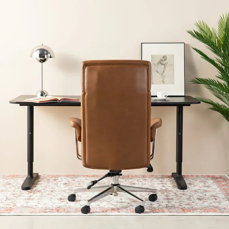 Chaise de bureau pivotante à dossier haut capitonnée couleur camel pour 1 personne