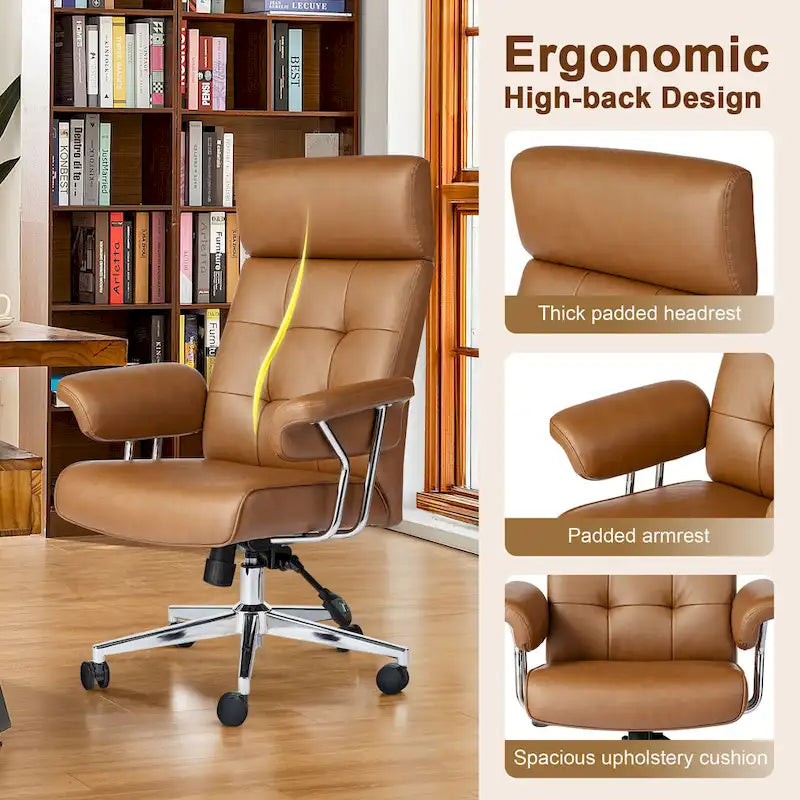 Chaise de bureau pivotante à dossier haut capitonnée couleur camel pour 1 personne