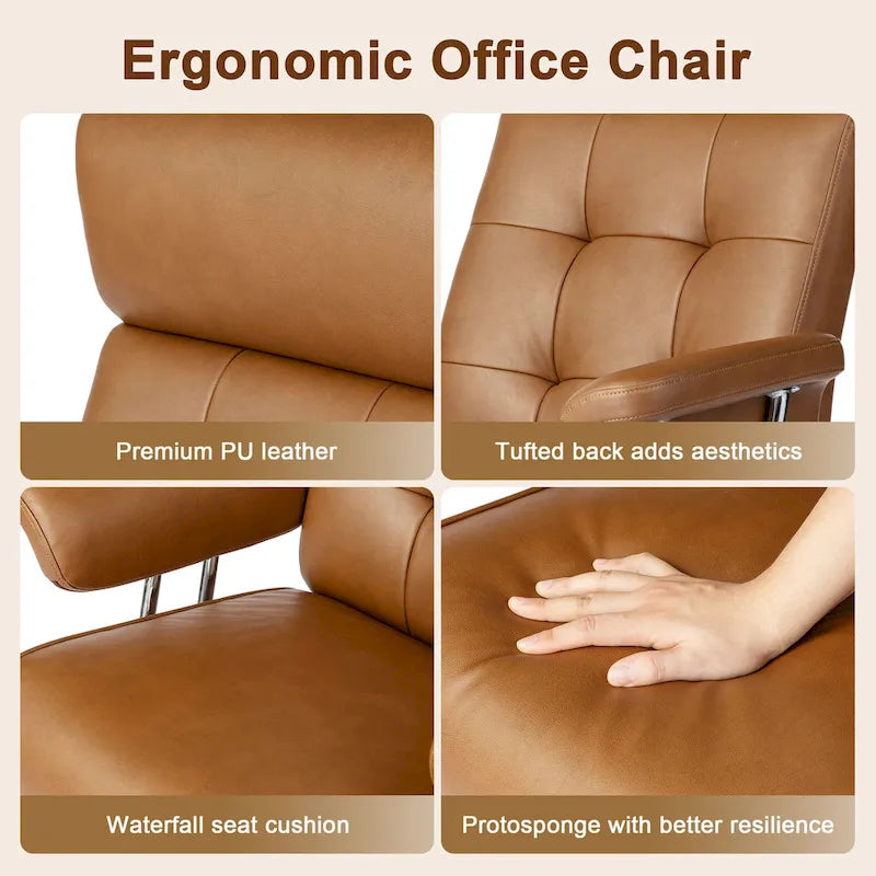 Chaise de bureau pivotante à dossier haut capitonnée couleur camel pour 1 personne