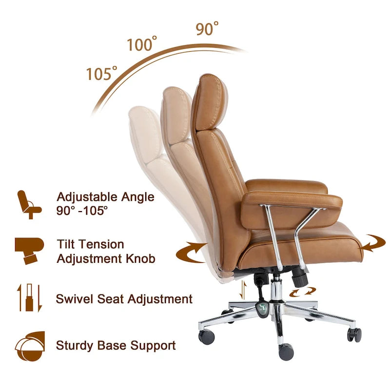Chaise de bureau pivotante à dossier haut capitonnée couleur camel pour 1 personne