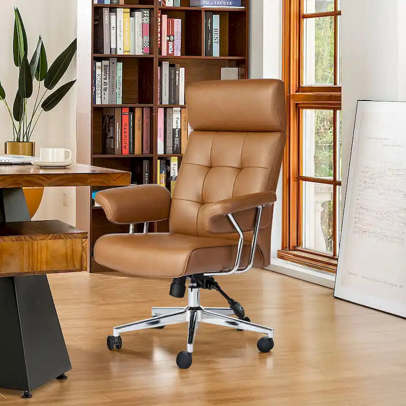 Chaise de bureau pivotante à dossier haut capitonnée couleur camel pour 1 personne