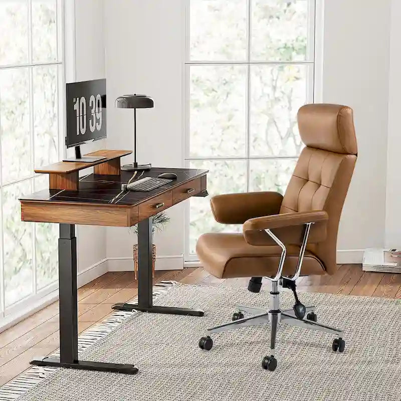 Chaise de bureau pivotante à dossier haut capitonnée couleur camel pour 1 personne