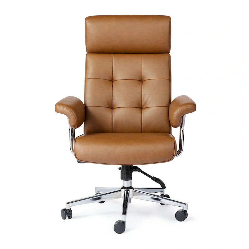 Chaise de bureau pivotante à dossier haut capitonnée couleur camel pour 1 personne