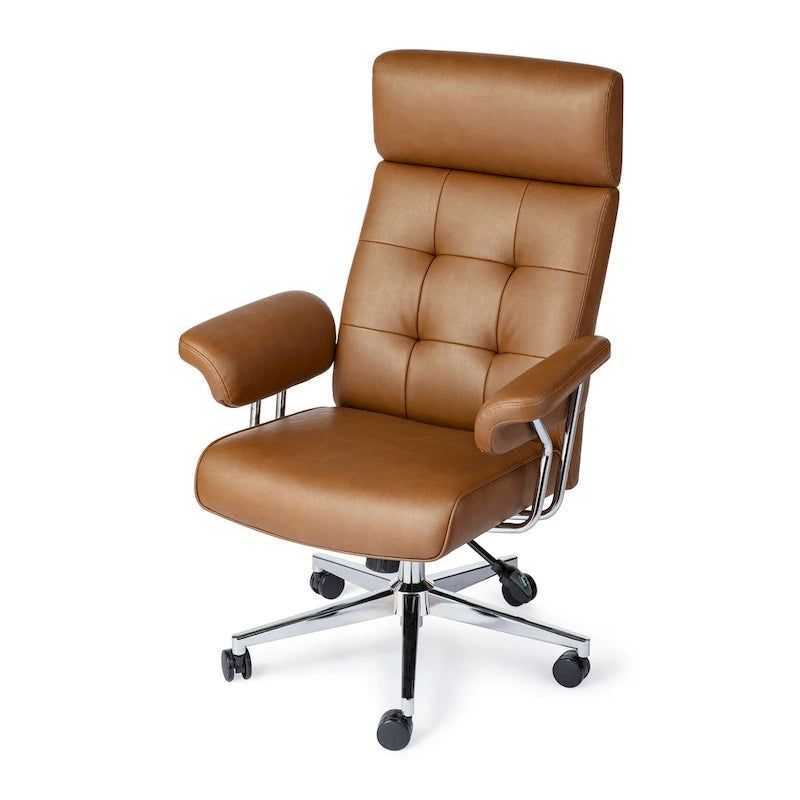 Chaise de bureau pivotante à dossier haut capitonnée couleur camel pour 1 personne