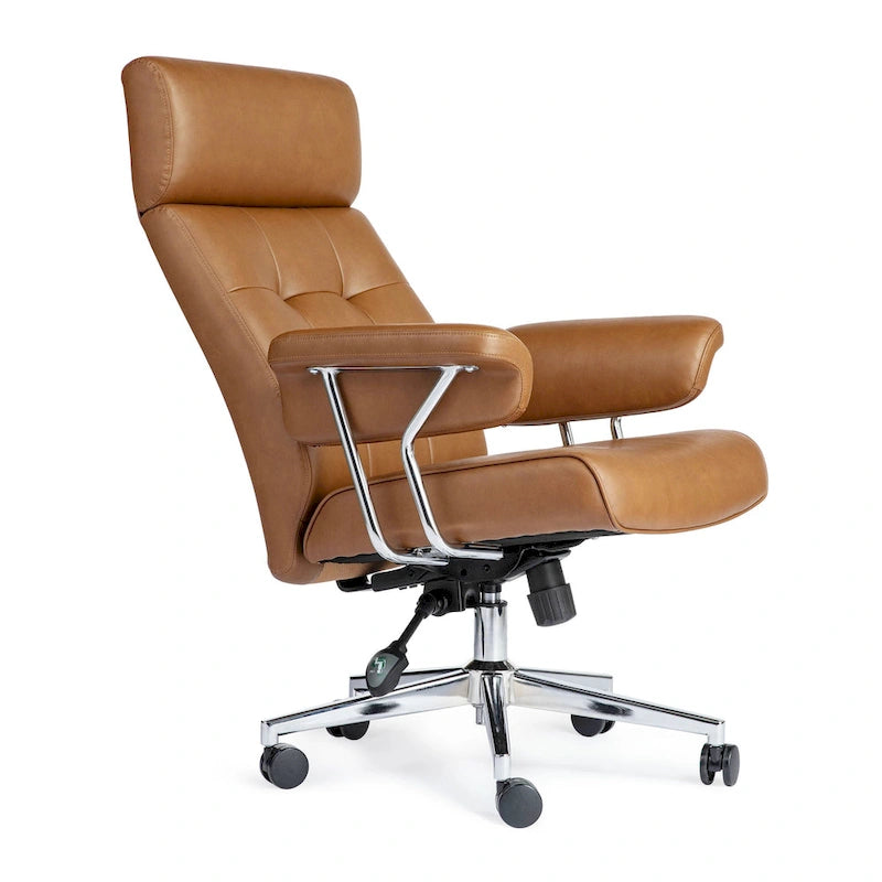 Chaise de bureau pivotante à dossier haut capitonnée couleur camel pour 1 personne