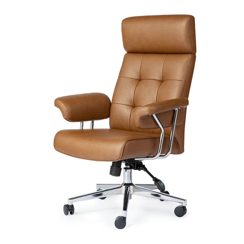 Chaise de bureau pivotante à dossier haut capitonnée couleur camel pour 1 personne