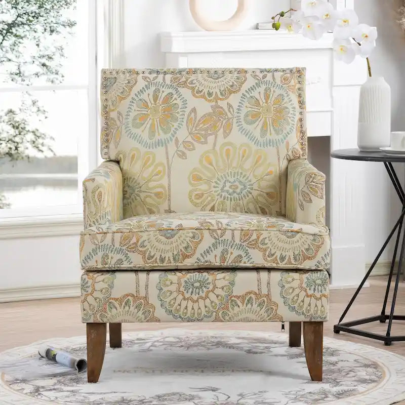 Fauteuil d'appoint en tissu beige/gris avec pieds en bouleau, une place