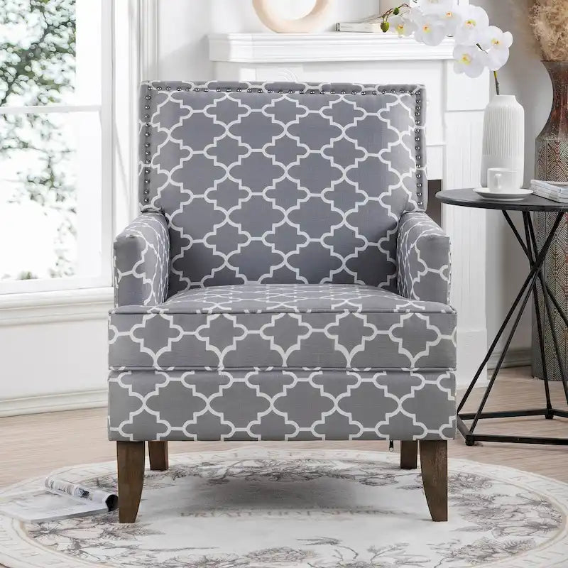Fauteuil d'appoint en tissu beige/gris avec pieds en bouleau, une place