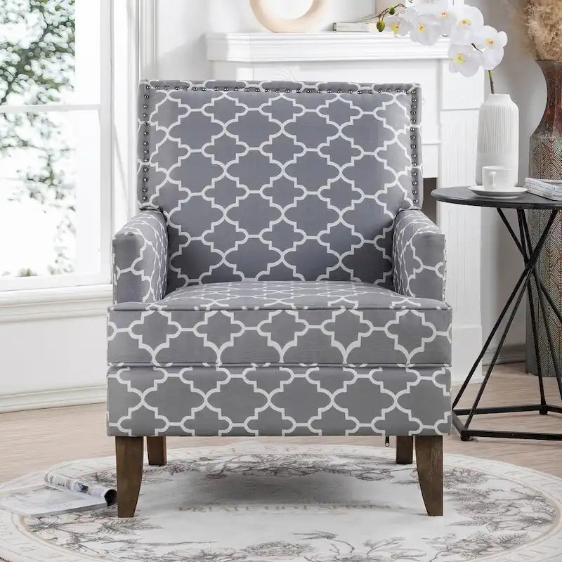 Fauteuil d'appoint en tissu beige/gris avec pieds en bouleau, une place