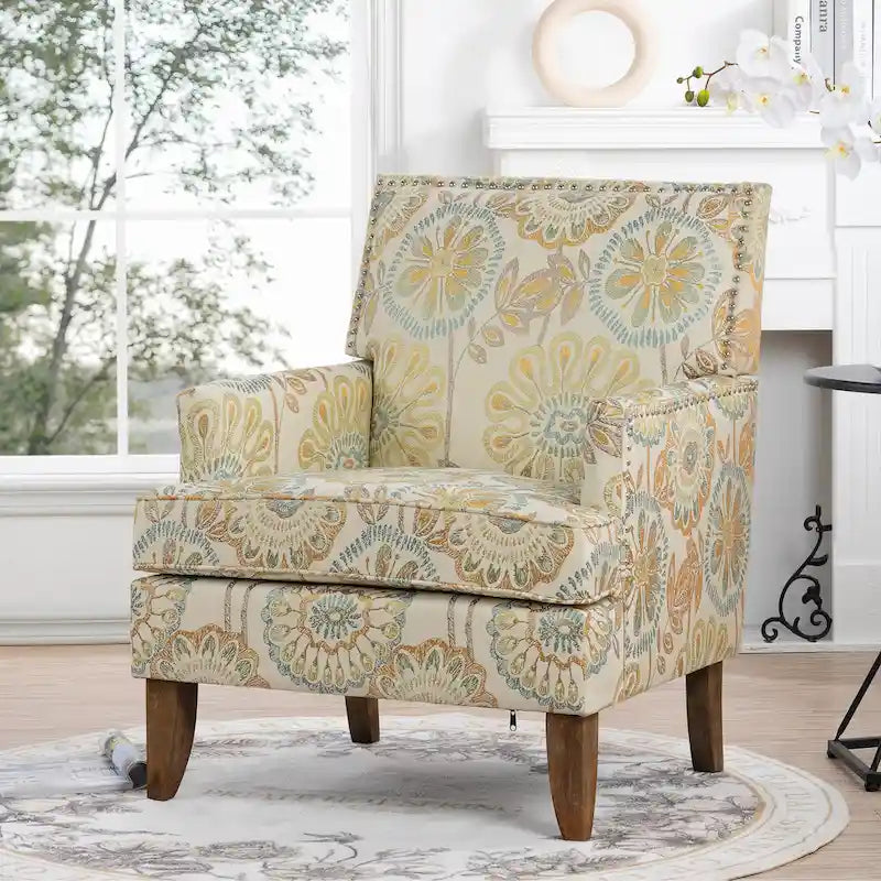 Fauteuil d'appoint en tissu beige/gris avec pieds en bouleau, une place