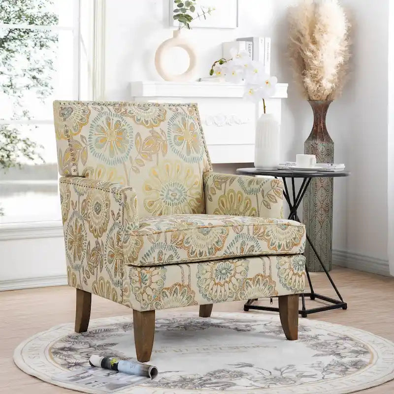 Fauteuil d'appoint en tissu beige/gris avec pieds en bouleau, une place