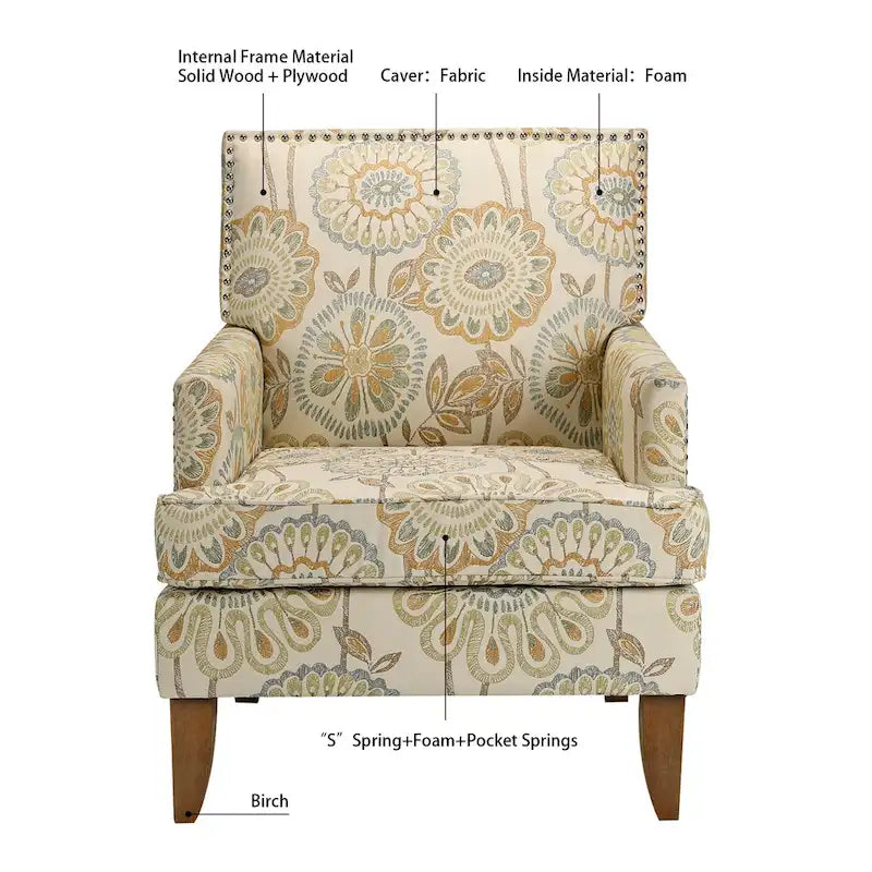 Fauteuil d'appoint en tissu beige/gris avec pieds en bouleau, une place