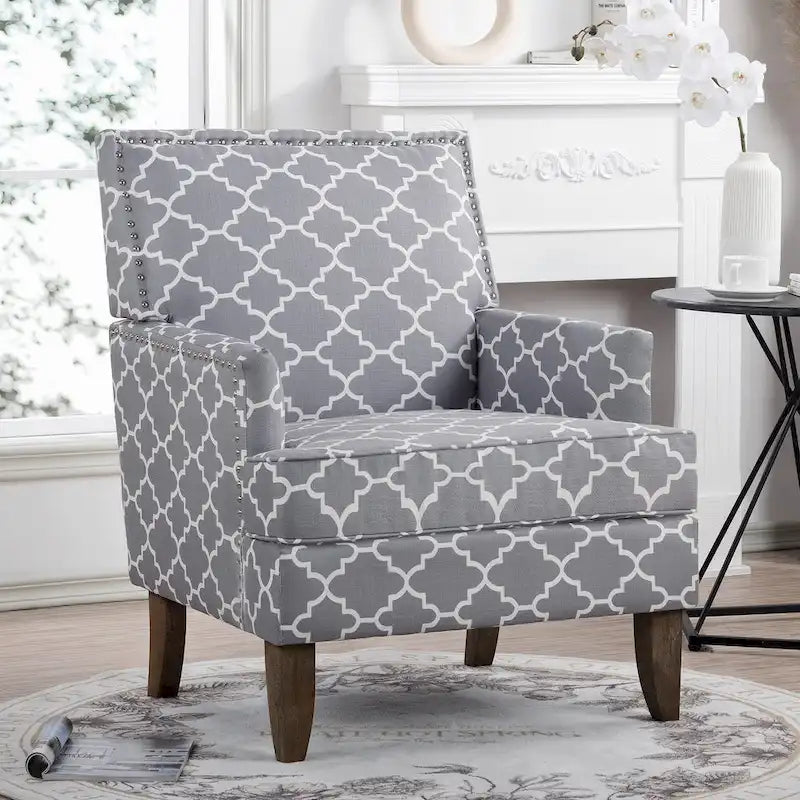 Fauteuil d'appoint en tissu beige/gris avec pieds en bouleau, une place