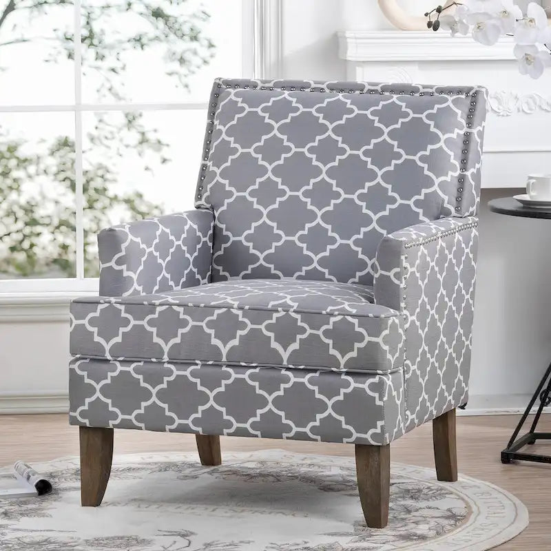 Fauteuil d'appoint en tissu beige/gris avec pieds en bouleau, une place