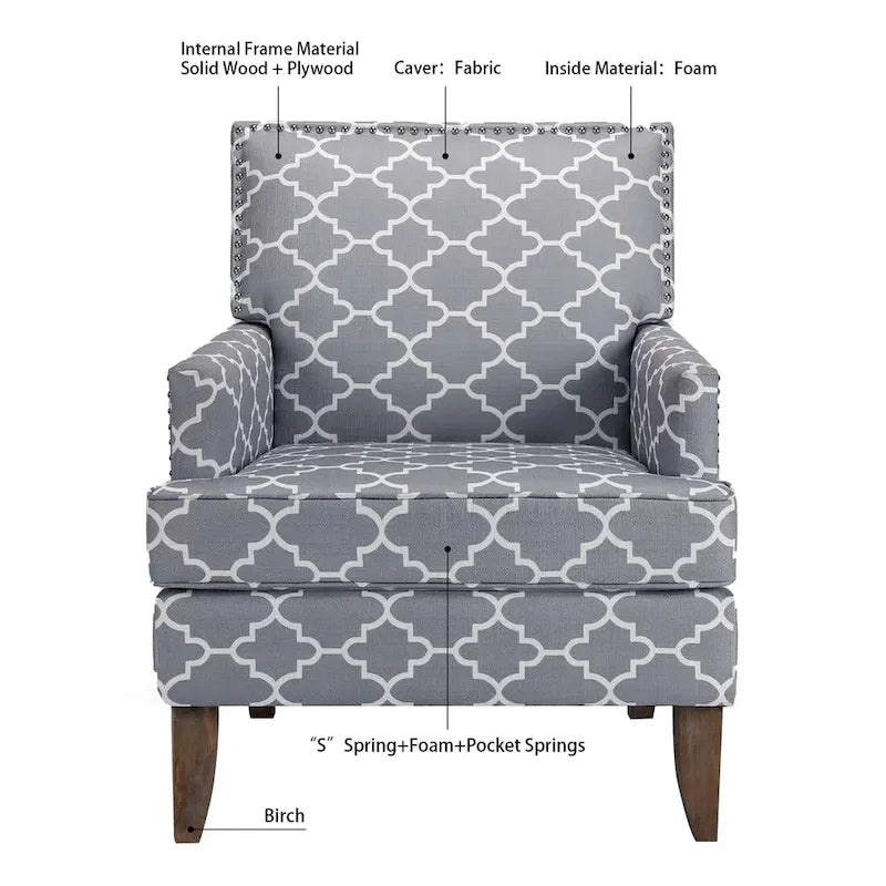 Fauteuil d'appoint en tissu beige/gris avec pieds en bouleau, une place