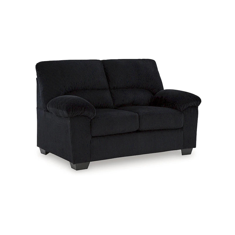 Causeuse en velours côtelé, 2 places, noir / beige / bleu — 160 larg. x 96 prof. x 101 haut. cm