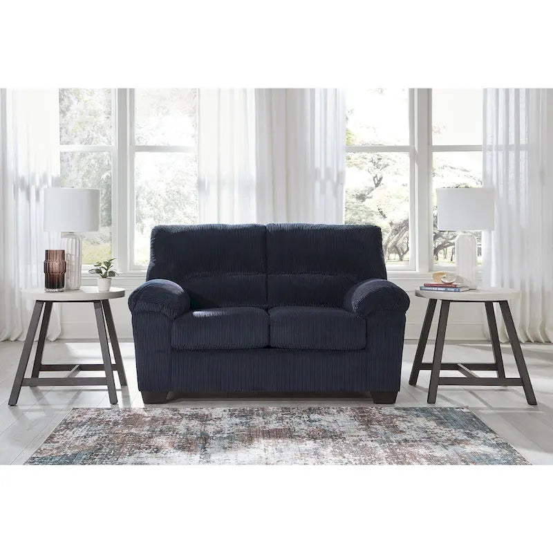 Causeuse en velours côtelé, 2 places, noir / beige / bleu — 160 larg. x 96 prof. x 101 haut. cm