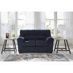 Causeuse en velours côtelé, 2 places, noir / beige / bleu — 160 larg. x 96 prof. x 101 haut. cm
