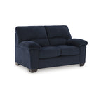 Causeuse en velours côtelé, 2 places, noir / beige / bleu — 160 larg. x 96 prof. x 101 haut. cm