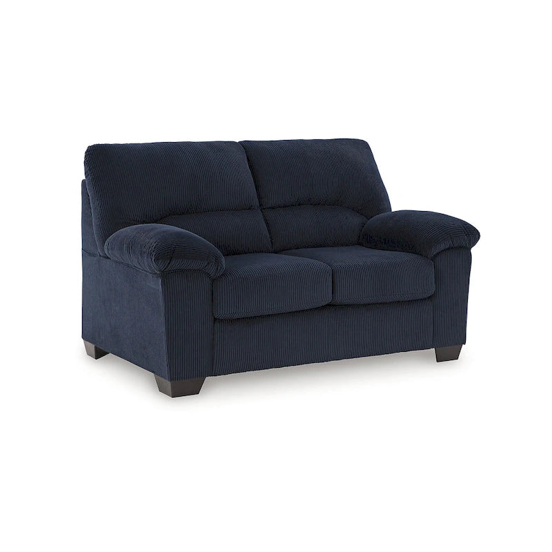 Causeuse en velours côtelé, 2 places, noir / beige / bleu — 160 larg. x 96 prof. x 101 haut. cm