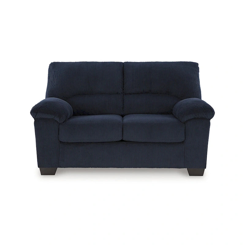 Causeuse en velours côtelé, 2 places, noir / beige / bleu — 160 larg. x 96 prof. x 101 haut. cm