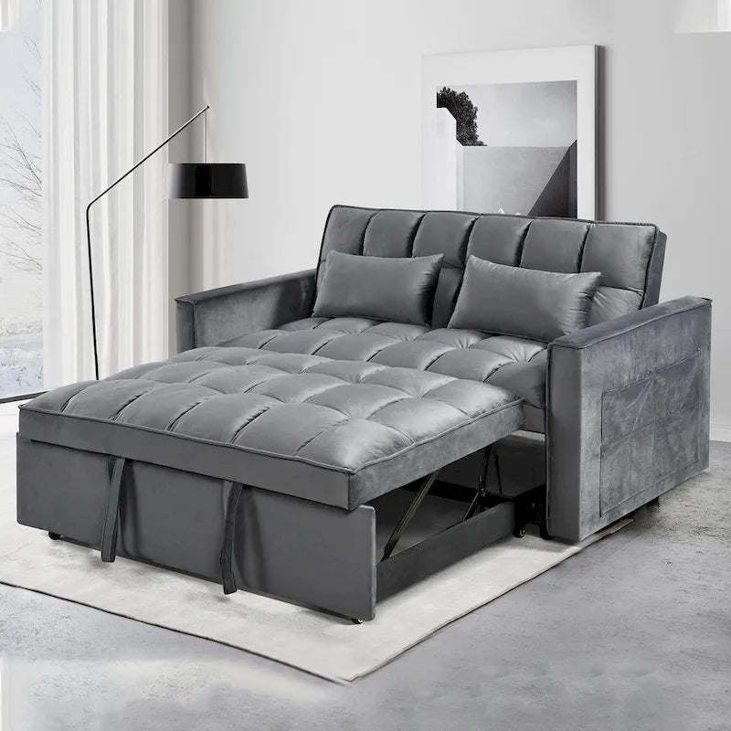 Canapé-lit futon en velours – Gris foncé / Gris clair / Bleu / Noir – 2 places