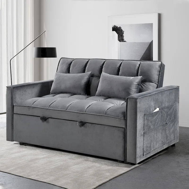 Canapé-lit futon en velours – Gris foncé / Gris clair / Bleu / Noir – 2 places