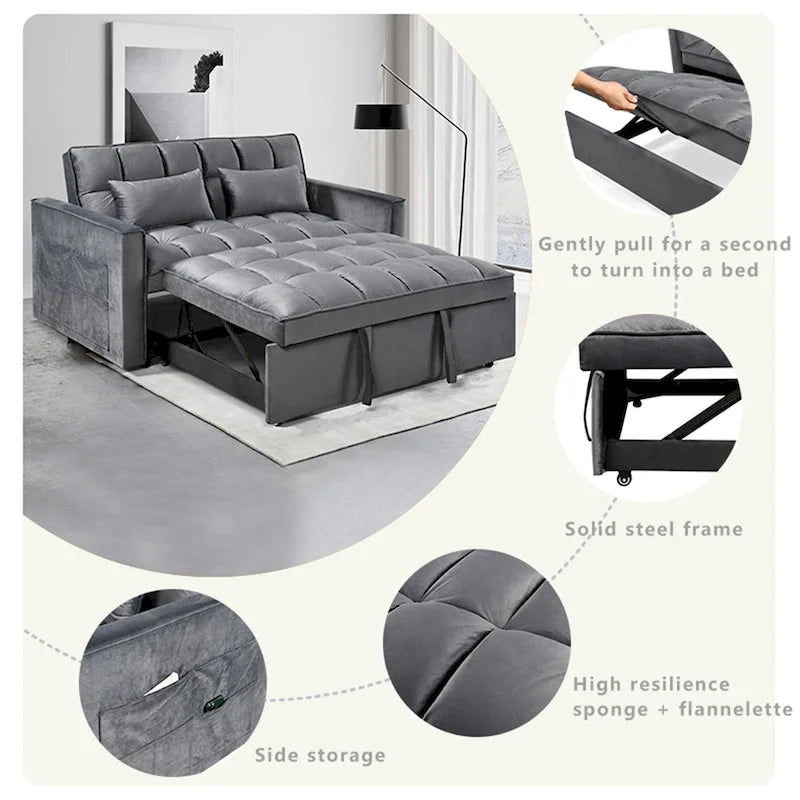 Canapé-lit futon en velours – Gris foncé / Gris clair / Bleu / Noir – 2 places